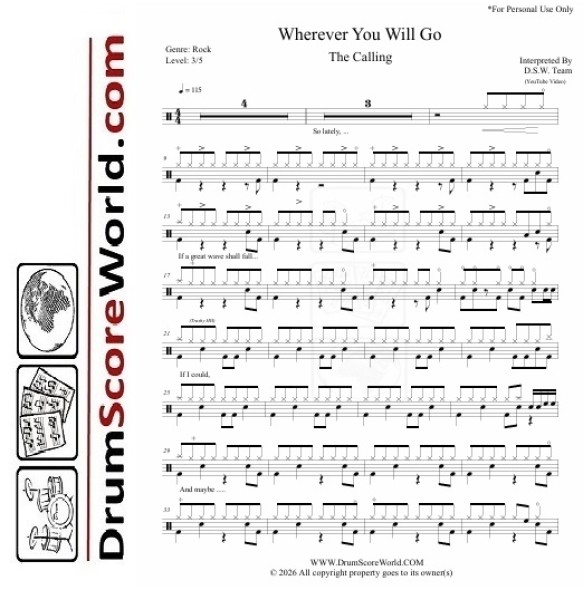 Calling (The) - Wherever You Will Go - Drum Sheet